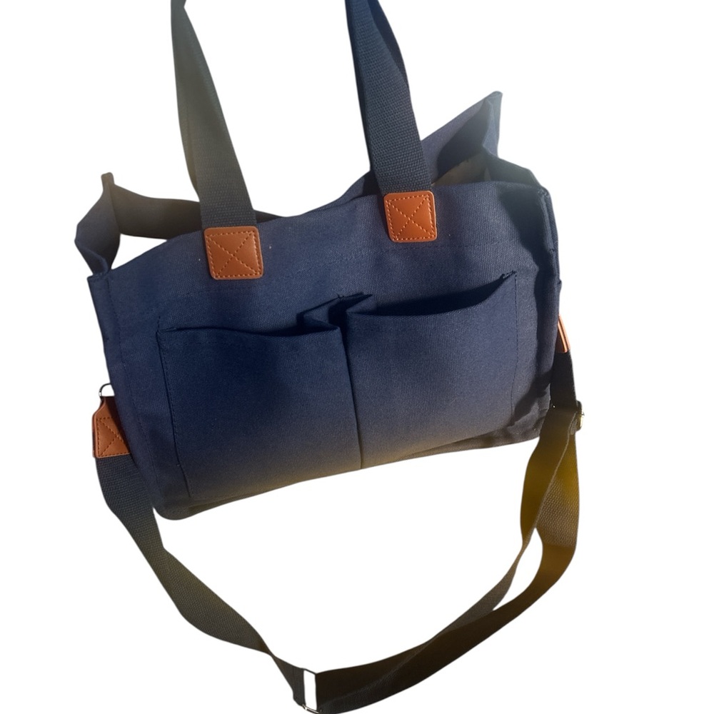 Navy Canvas Messenger Tote Bag with Brown Trim
